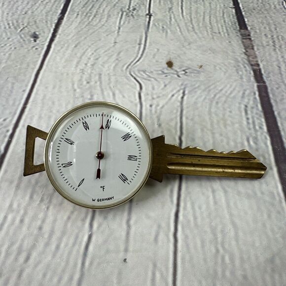 Brass Key Shaped Thermometer Made W Germany Concave Glass Cover Desk‎ Stand - Picture 1 of 6